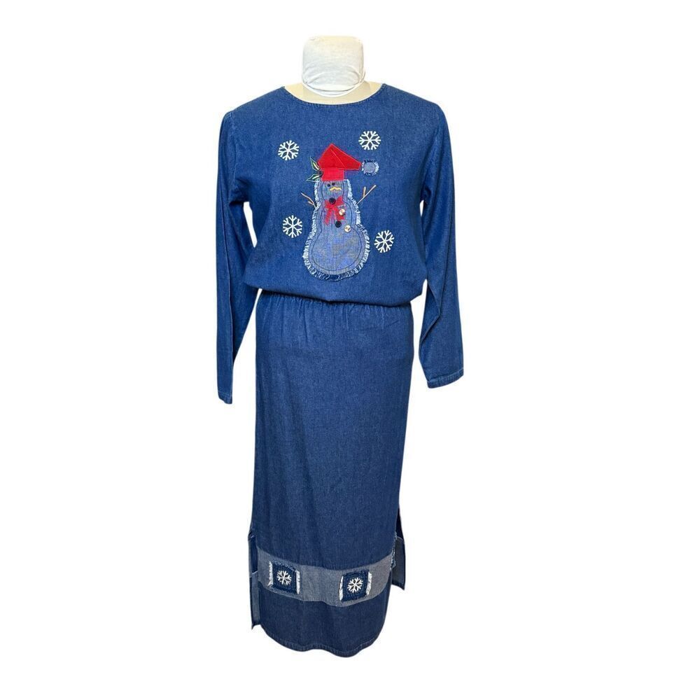 Quacker Factory Denim/Chambray 2-Pc Skirt & Top Holiday Snowman Set Sz. S